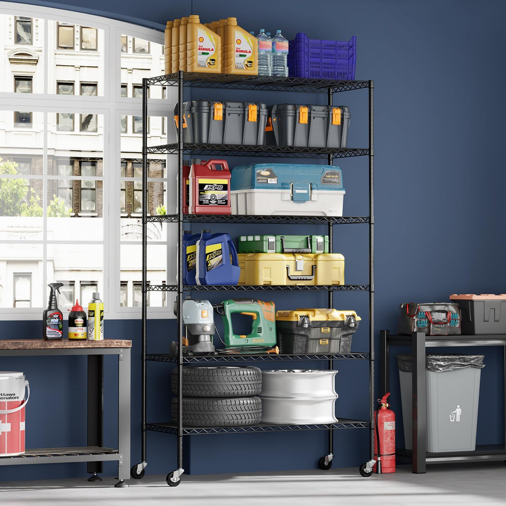6-Tier Wire Storage Shelves with Wheels | 45"x18"x82" | Black | Adjustable Racks | Heavy-Duty Metal Shelf, Holds Upto