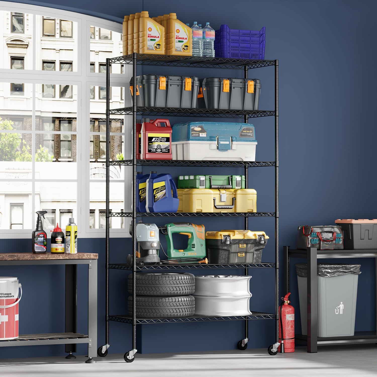 6-Tier Wire Storage Shelves with Wheels | 45"x18"x82" | Black | Adjustable Racks | Heavy-Duty Metal Shelf, Holds Upto