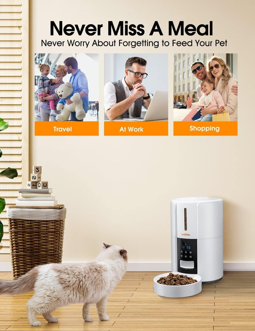 Automatic Cat Feeder, 3L Pet Dry Food Dispenser, Timed Portion Control with 6 Meals, Voice Recorder, Battery Backup