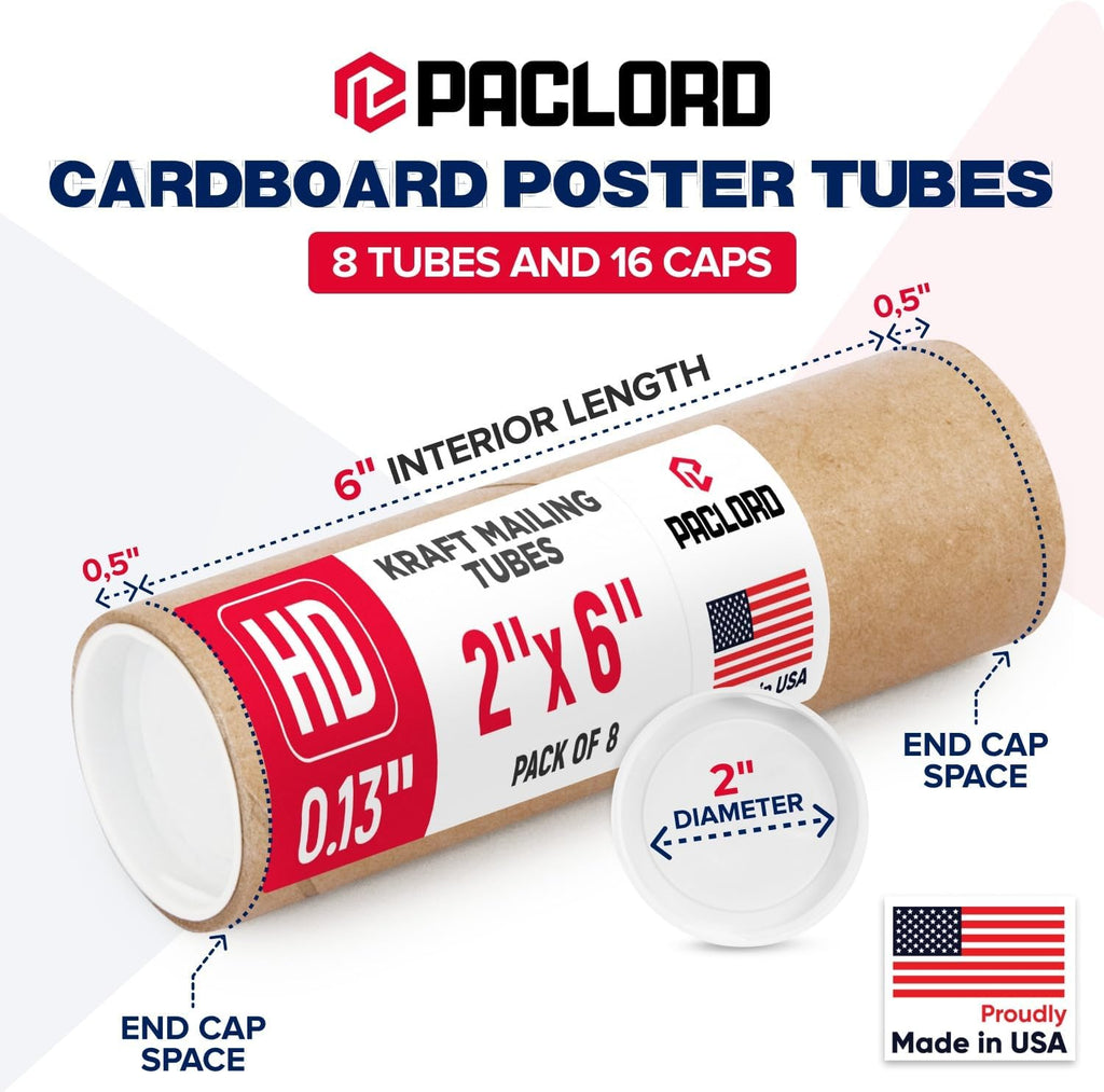 2" x 6" Heavy Duty Made in USA Kraft Paper Mailing Tube, 8 Tubes, 16 Caps