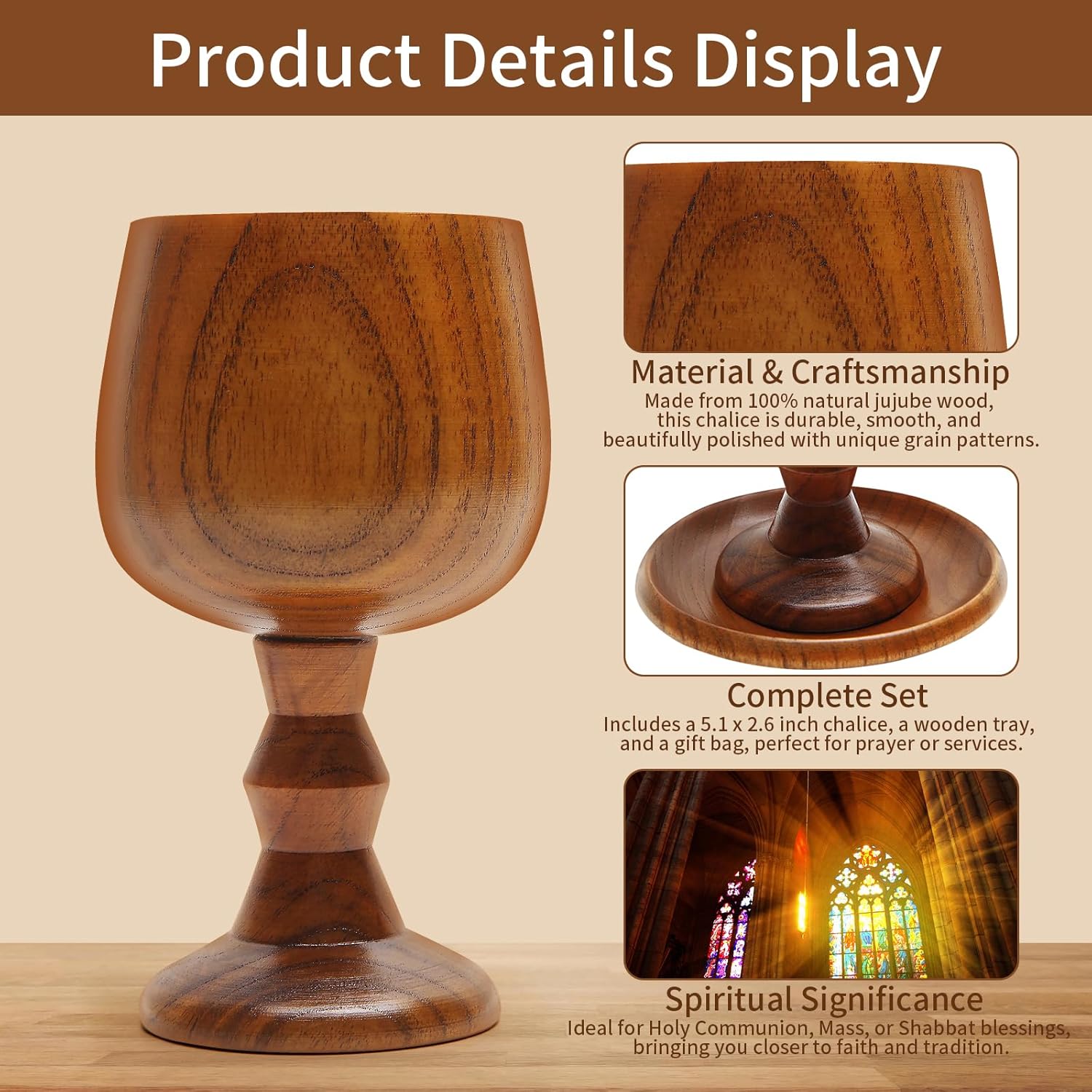Handmade Wooden Communion Chalice Cup with Tray – Vintage Goblet Wine Cup for Christian Church Ceremony (5.1 Inches)