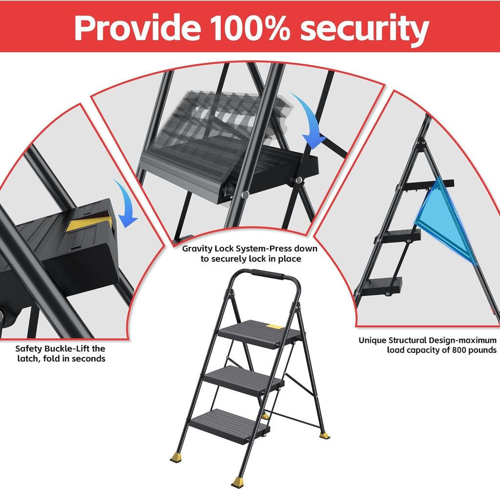3 Step Ladder Foldable Folding Stool - for Home Adults Kitchen, Iron, Black, Extension Tall Heavy Duty with Handrails