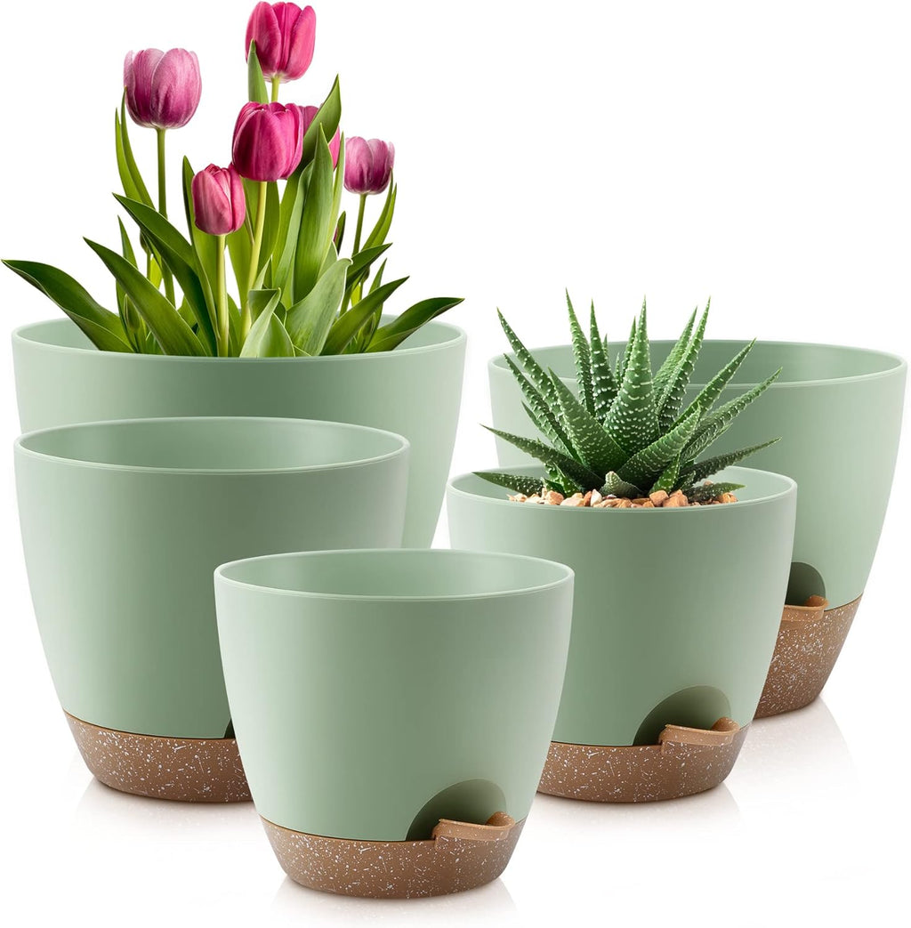 Plant Pots 10/9/8/7.5/7 Inch Self Watering Pots, Set of 5 Plastic Planters with Drainage Holes and Saucers,Plastic