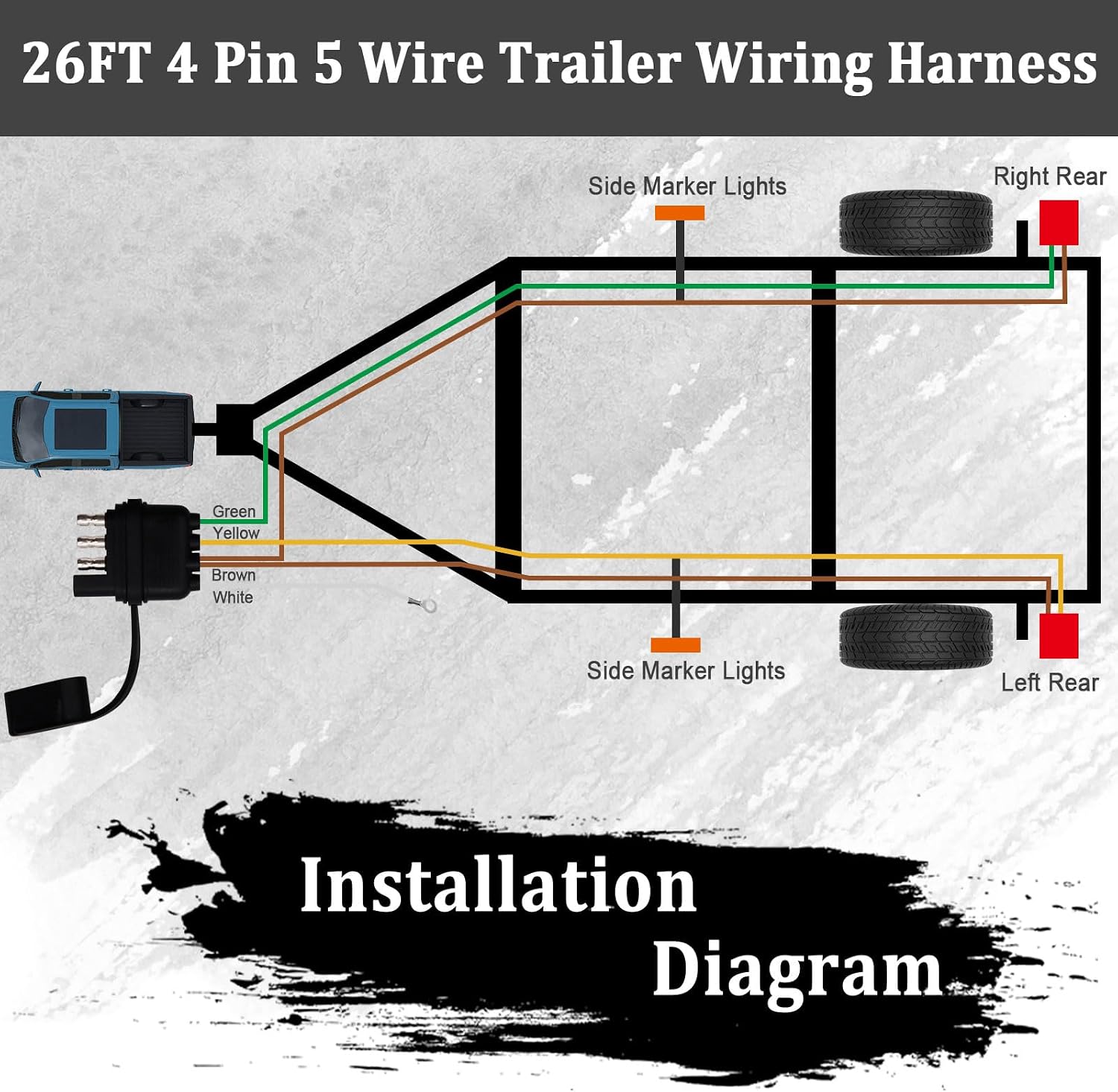 26FT 4 Pin 5 Wire Trailer Wiring Harness,Trailer Light Kit with Jacketed Cable (16AWG),4 Way Flat 5 Wire Plug for