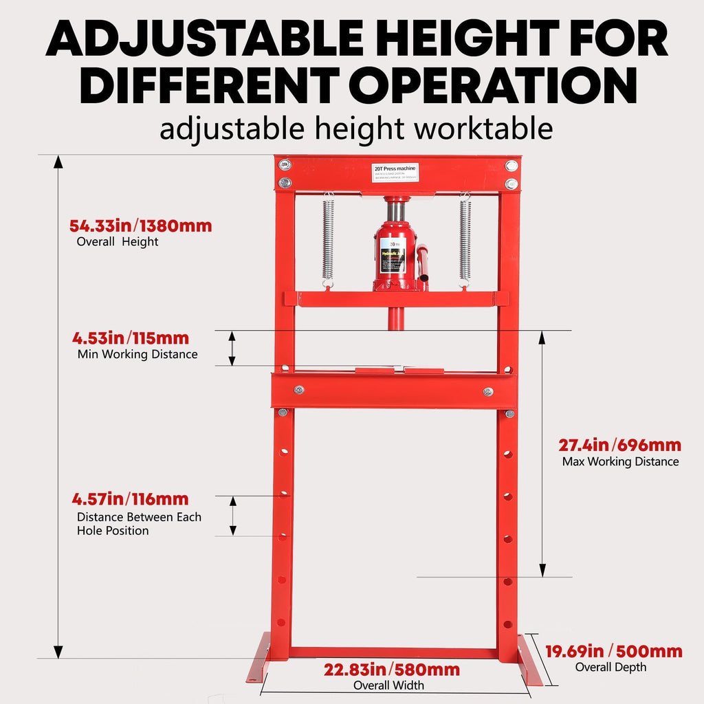 Garvee 20 Ton Hydraulic h-Frame Press with Adjustable Worktable, Red