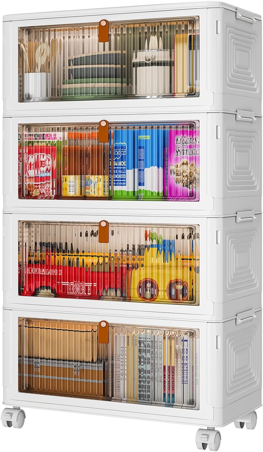 4 Tier Plastic Storage Bins with Lid 36QT, Stackable Storage Containers with Wheels, Folding Storage Boxes, Stackable