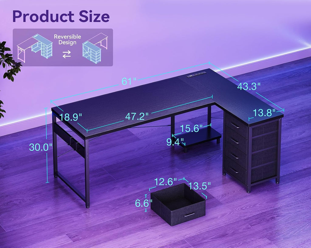 L Shaped Gaming Desk with 4 Drawers, 61" Reversible Home Office Desks with Power Outlets, L Shaped Computer Desk with