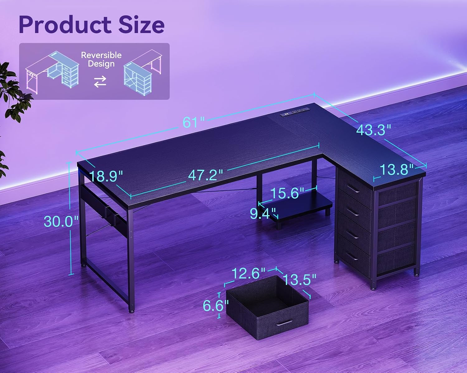 L Shaped Gaming Desk with 4 Drawers, 61" Reversible Home Office Desks with Power Outlets, L Shaped Computer Desk with