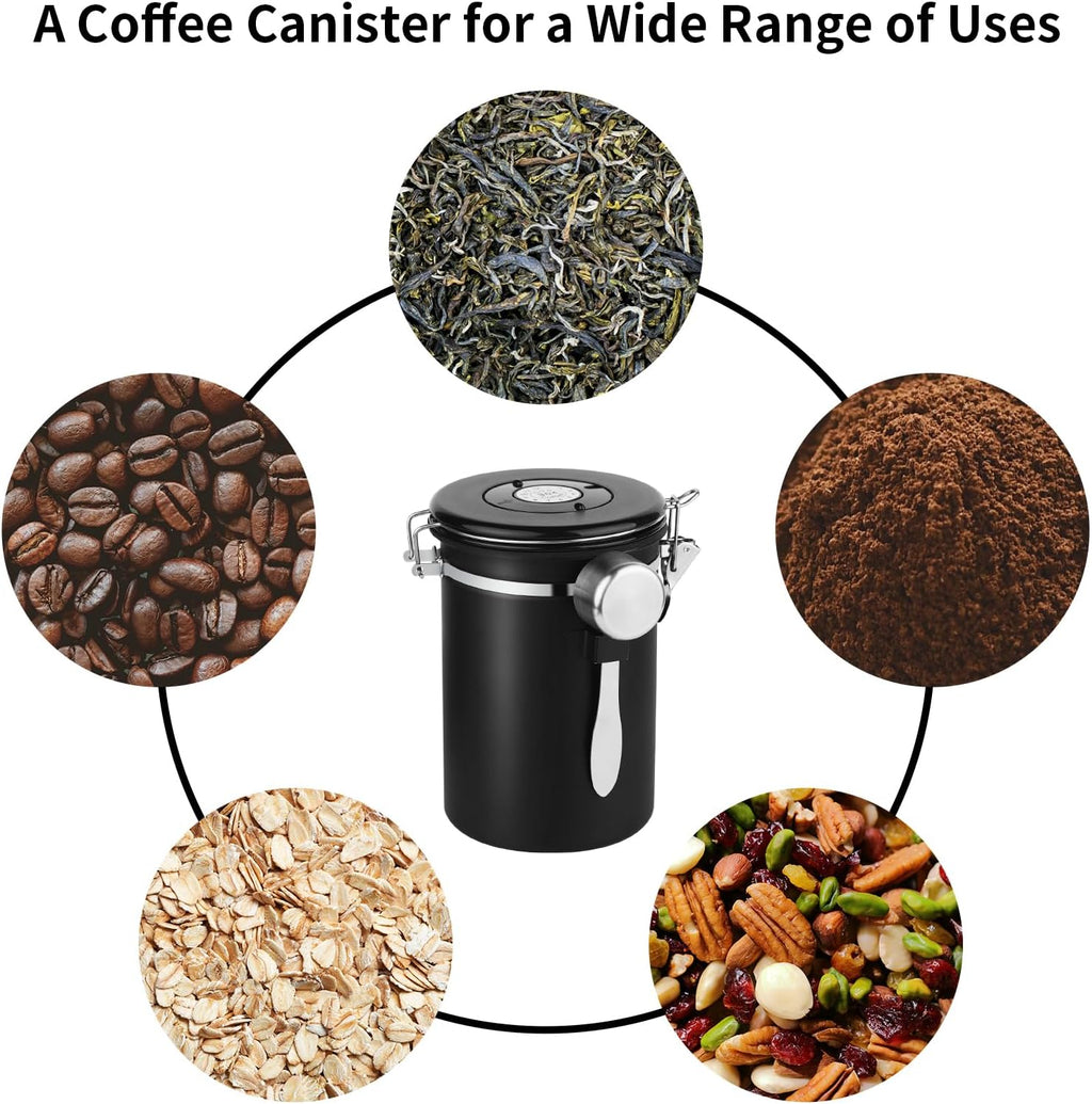 22oz Stainless Steel Airtight Coffee Canister with Date Tracker | Includes Measuring Scoop, Airtight Fresh Sealed