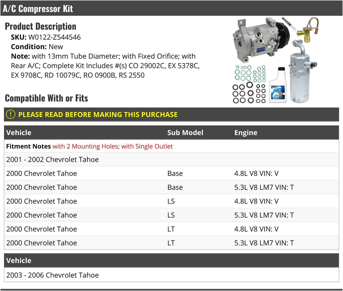 Marketplace Auto Parts A/C Compressor Kit with Fixed Orifice - Compatible with 2000-2006 Chevy Tahoe (with Rear AC)