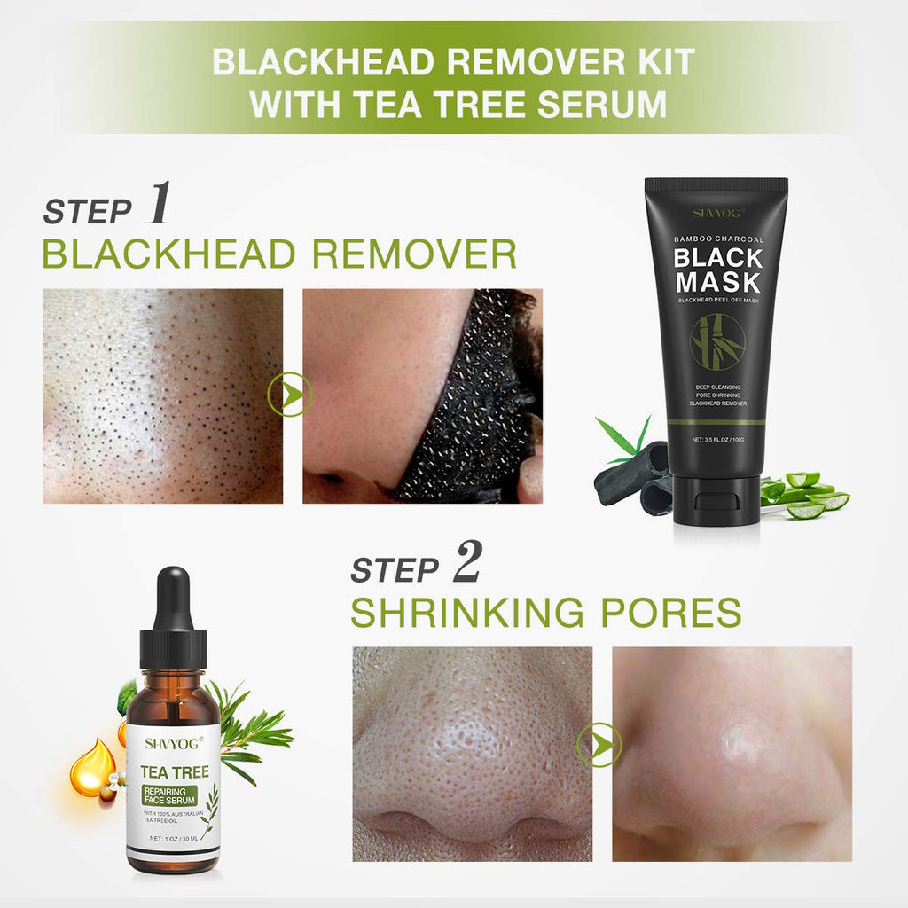 Blackhead Peel Off Face Mask, SHVYOG 3-in-1 Blackhead Remover Mask with Brush & Tea Tree Oil Serum, Charcoal Face