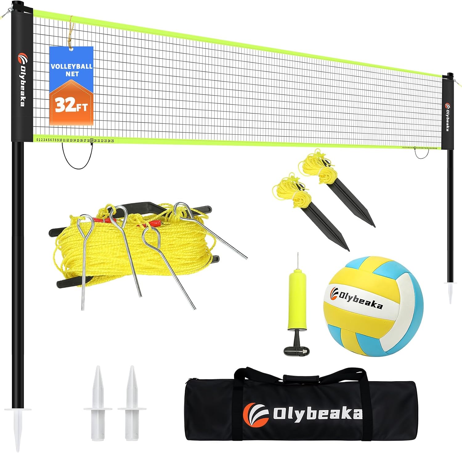 Portable Outdoor Volleyball Net Set 20FT / 32FT, 4 Adjustable Heights | Complete Volleyball System with PE Net, PU