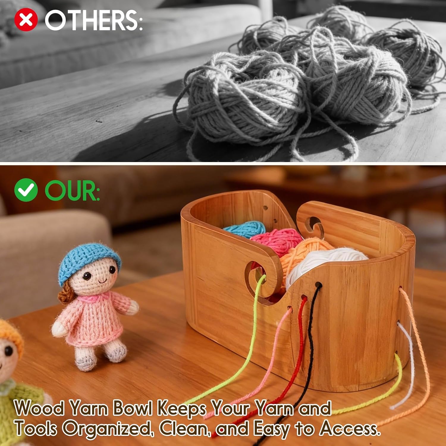 Large Wood Yarn Bowl with Lid, Crochet Yarn Holder with 7pcs Knitting Hooks, No-Tangle Design, Yarn Storage Crochet