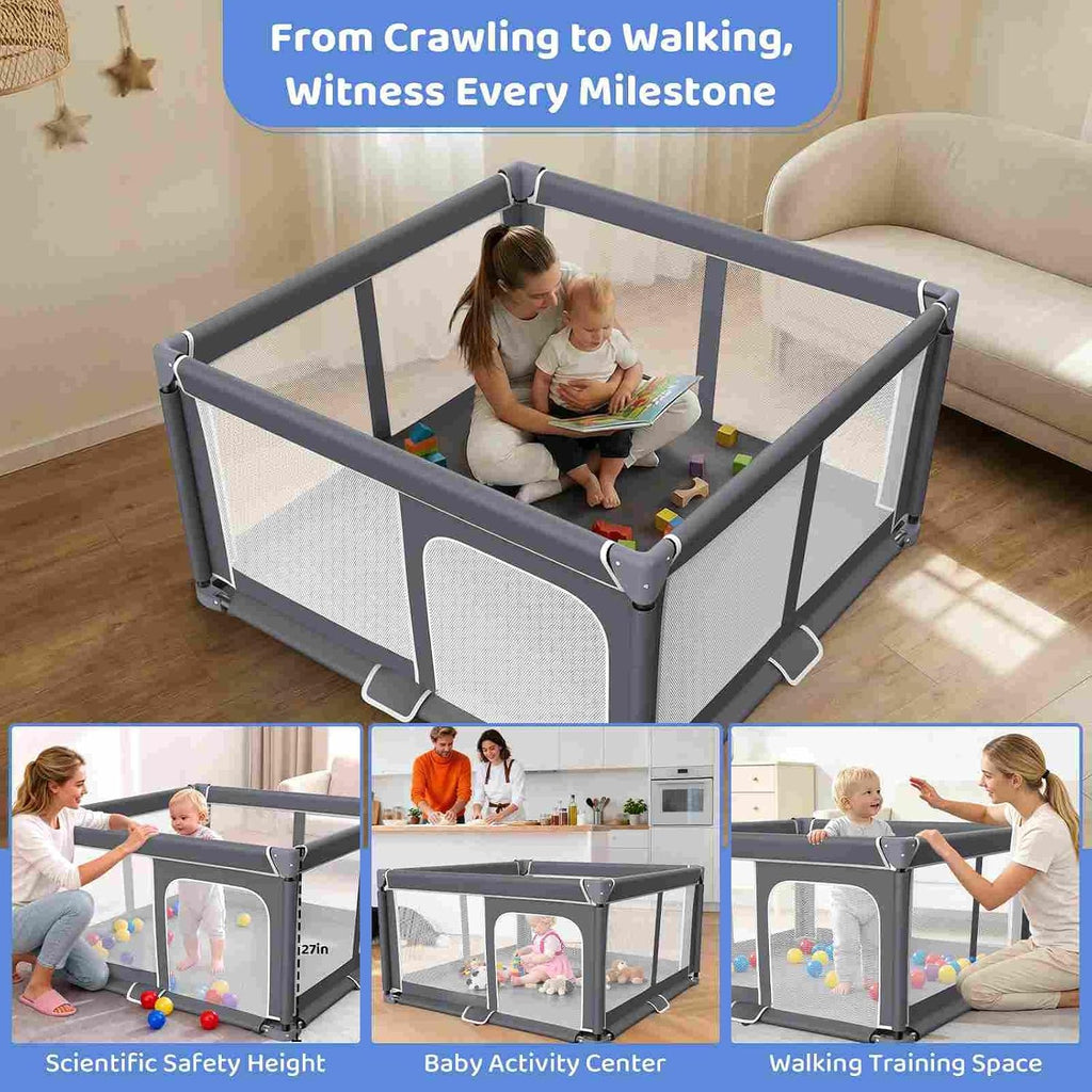 Foldable Baby Playpen Portable Travel Play Yard, Dark Gray | Safety Play Yard for Babies & Toddlers, Indoor & Outdoor