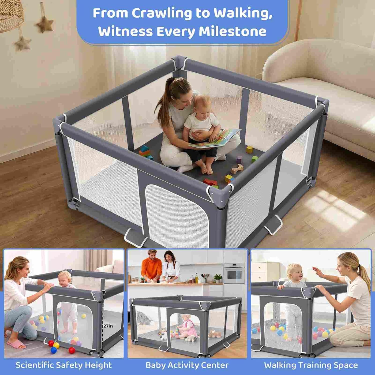 Foldable Baby Playpen Portable Travel Play Yard, Dark Gray | Safety Play Yard for Babies & Toddlers, Indoor & Outdoor