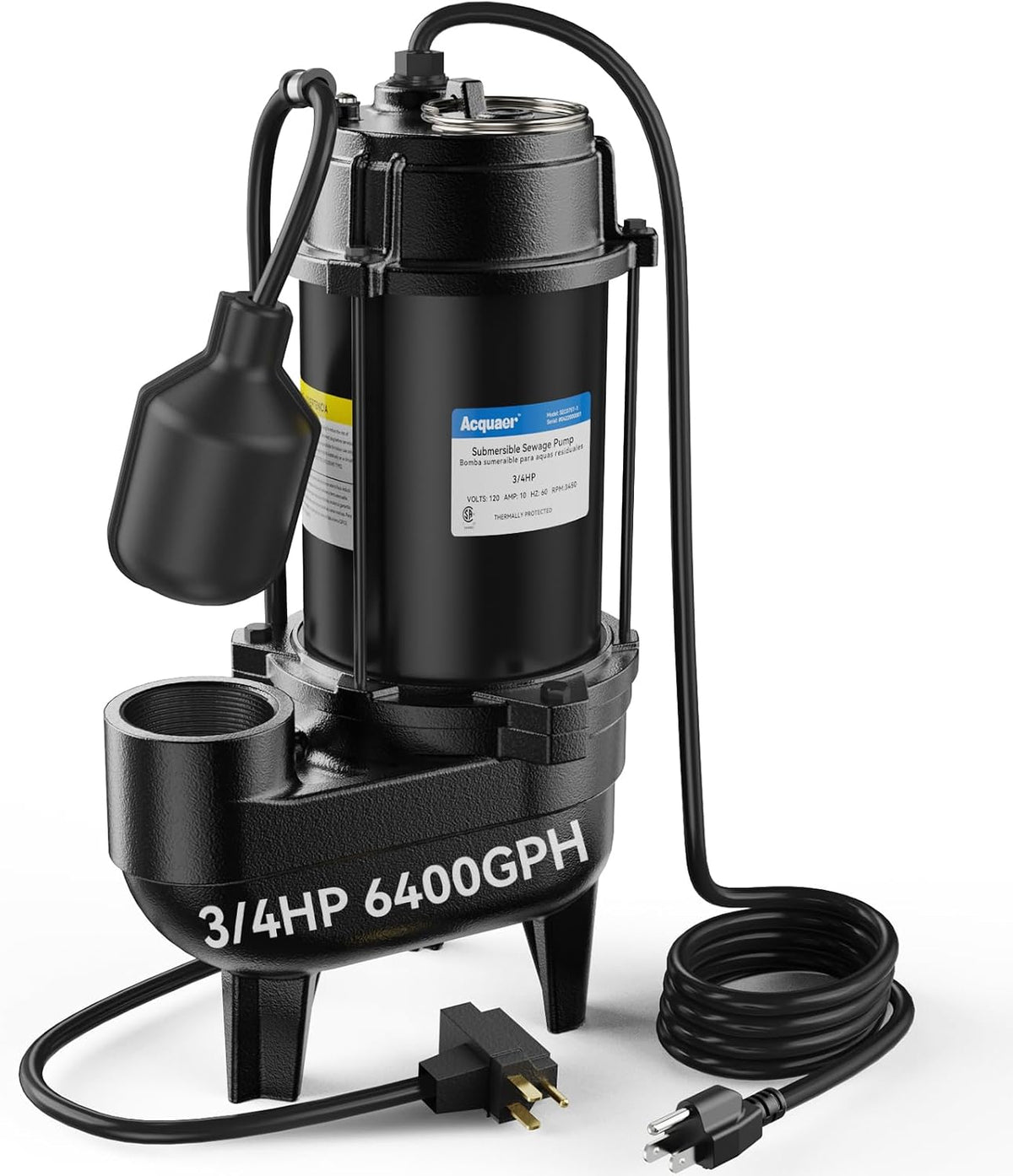 Acquaer 3/4 HP Submersible Sewage Pump 6400 GPH Cast Iron Effluent Pump