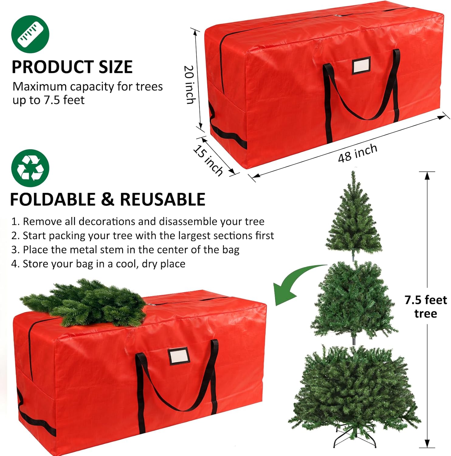 7.5 ft Christmas Tree Storage Bag, Fits Artificial Xmas Holiday Tree-Red | Durable Christmas Tree Storage Box