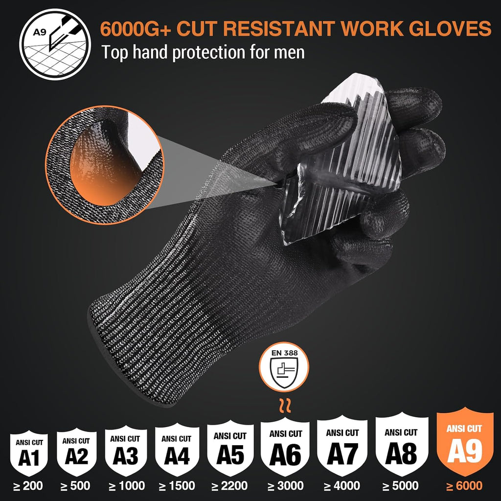 A9 Cut Resistant Work Gloves for Men, Safety Gloves for Men Touchscreen with Reinforced Thumb for Metal Glass Wood