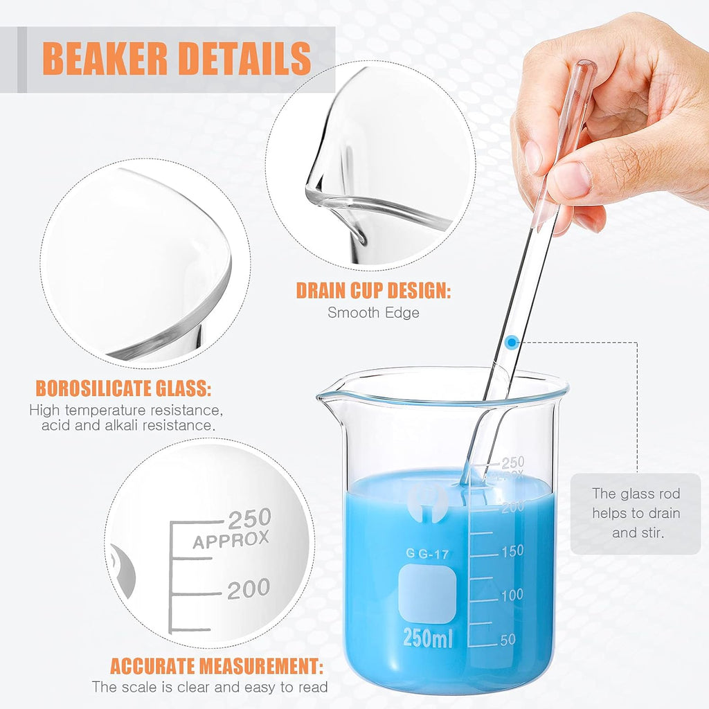 10 Pieces Glass Measuring Beaker and Graduated Measuring Cylinder with Stirring Rod 50/100/ 250/500/ 1000 ml Thick