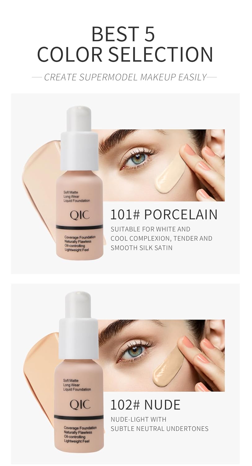 QIC Waterproof Matte Concealer BB Liquid Foundation Cream - Oil Control Hydrating Foundation（102# Nude）