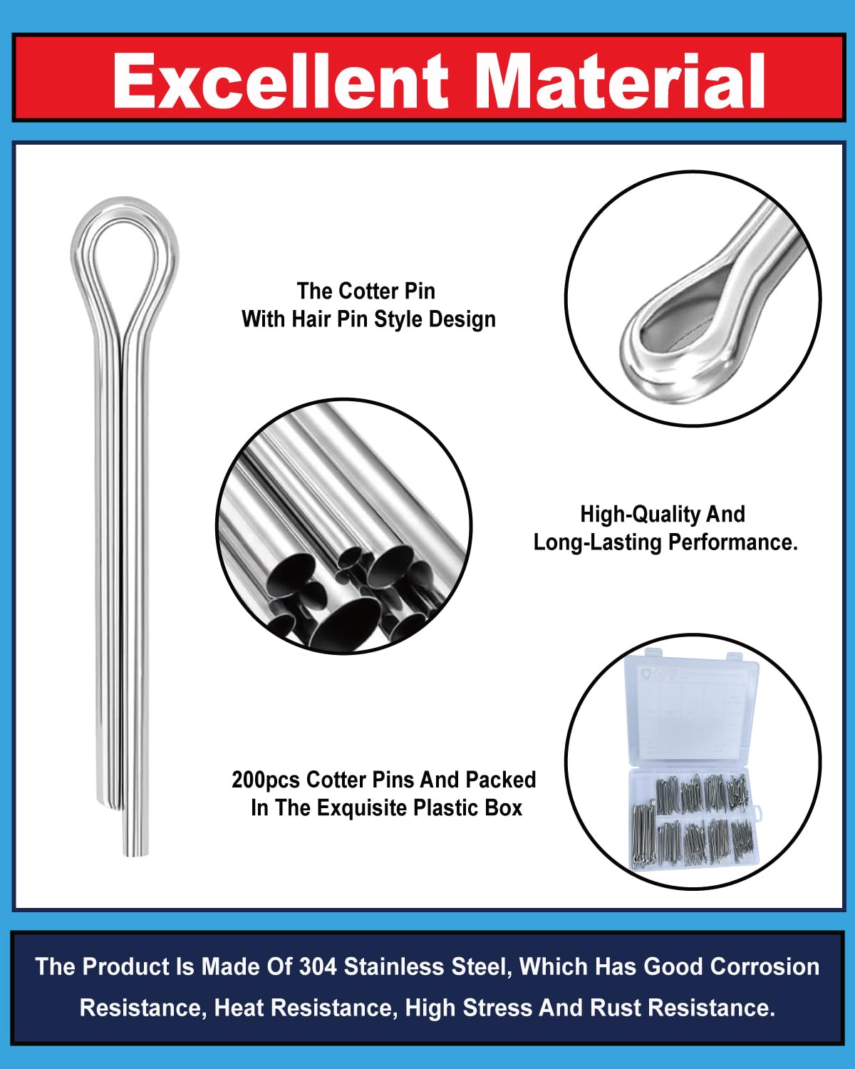 290 Pcs Cotter Pins Assortment Kit, 304 Stainless Steel Split Pins