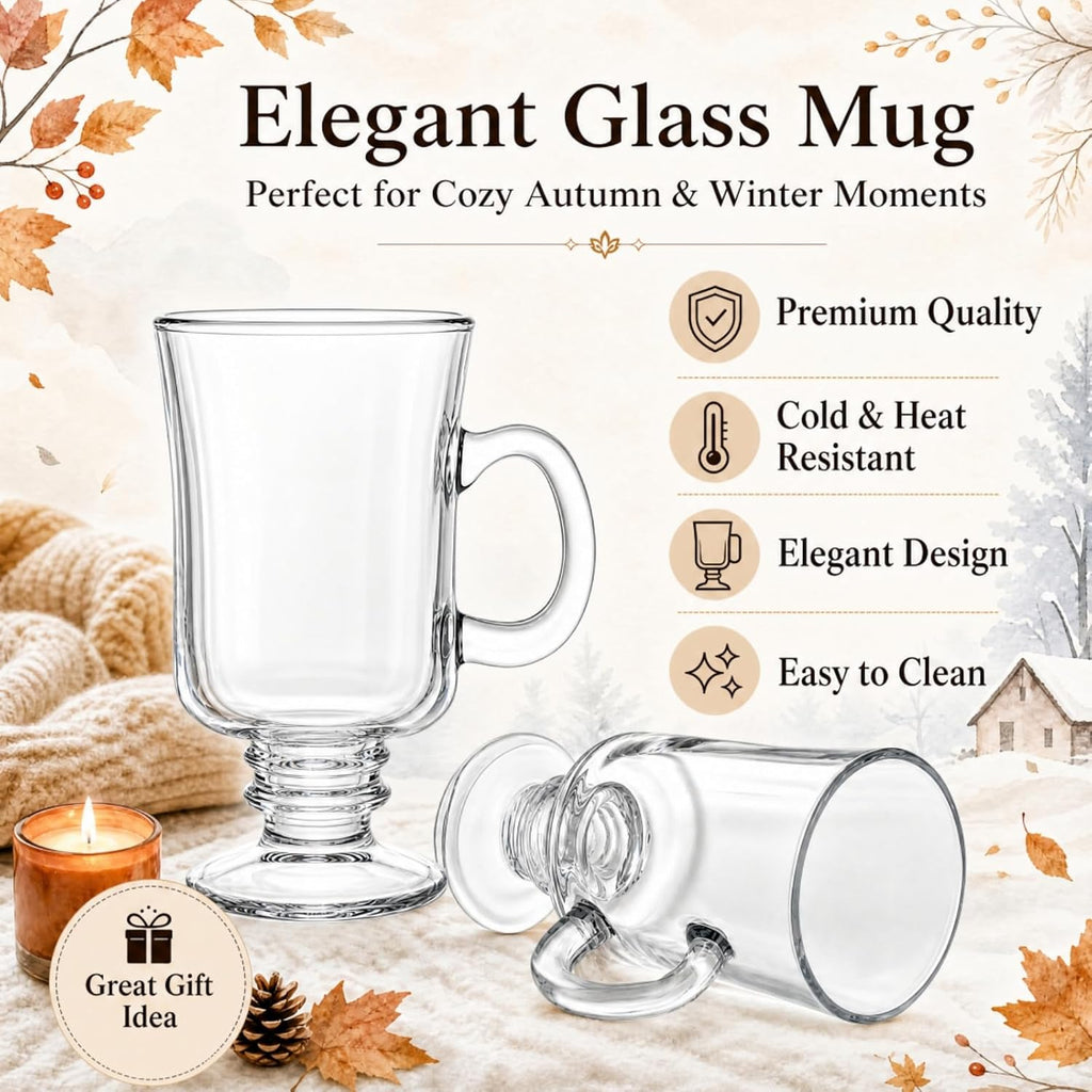 6 Pack Irish Coffee Mugs, 8 oz Glass Clear Coffee Cups Stemmed, Pedestal Crystal Coffee Cup with Handle for