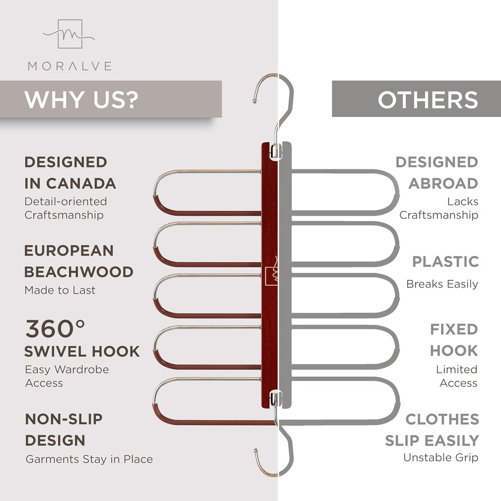Pants Hangers Space Saving - 2 Pack European Beechwood Scarf and Jean Hangers - Closet Organizer and Space Saver Pant