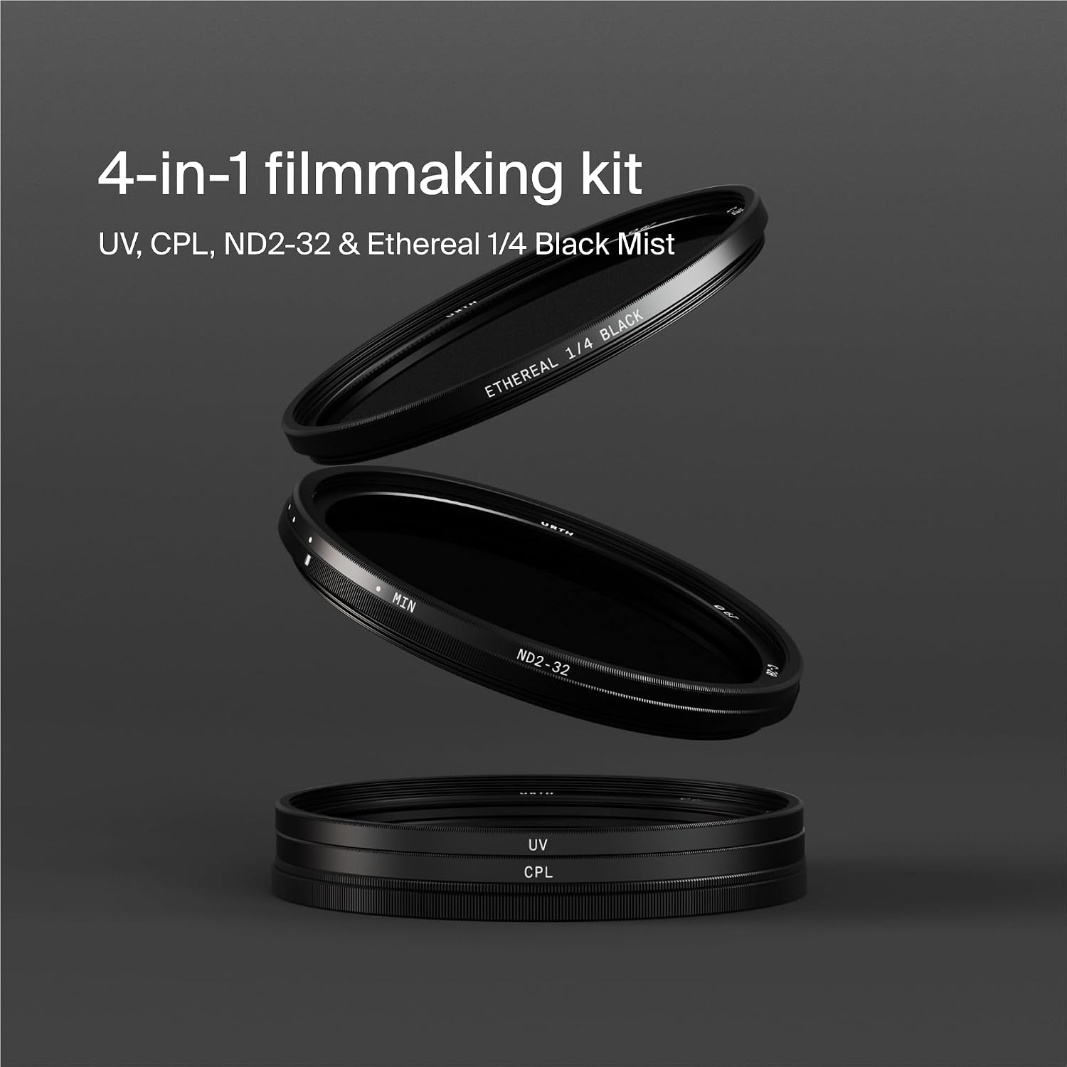 72mm Cinematic 4-in-1 Lens Filter Kit (Plus) | UV, Circular Polarizing (CPL), Variable Neutral Density ND2-32, ¼