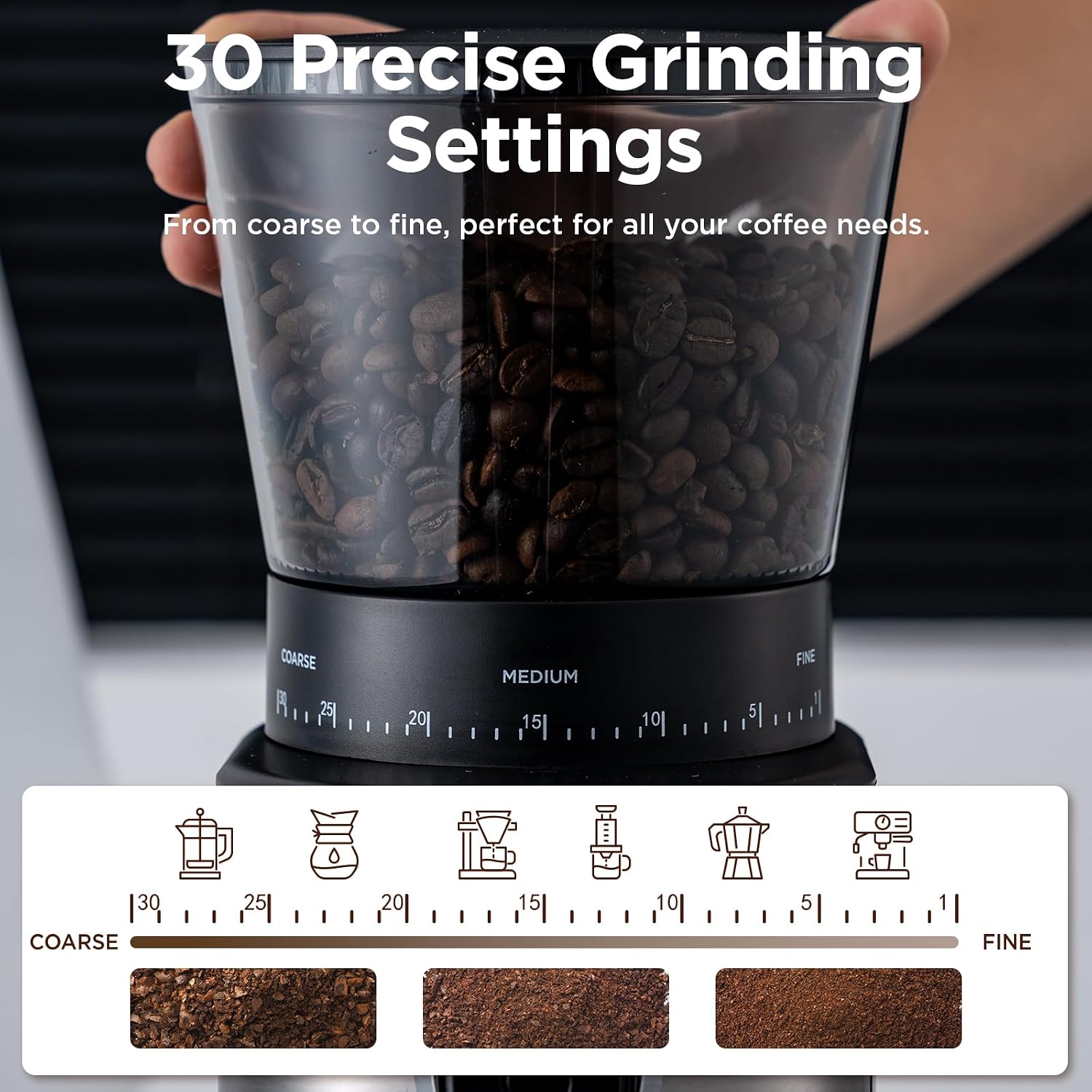 Burr Coffee Grinder, Electric Conical Coffee Bean Grinder With 30 Adjustable Grind Settings For 2-12 Cups, Sliver &
