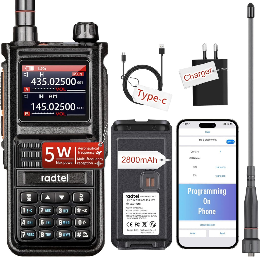 (2 Gen) Radtel RT-470X Plus Tri Band Ham Radio (Mobile App Bluetooth Programming) 256CH Aviation Air Band Radio Long