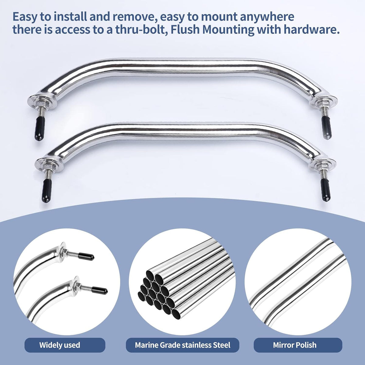 Polished Stainless Handrail,Heavy Duty Oval Boat Marine Grab Handle with Flange & Stud - 12" Long