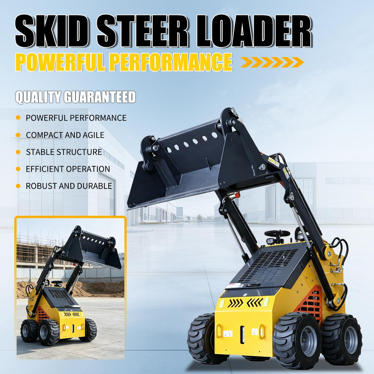 Mini Skid Steer Loader 24HP Wheeled Compact Skid Steer with 4-in-1 Bucket