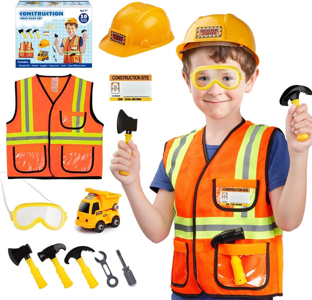 Construction Worker Costume for Boys, Pretend Builder Career Outfit with Self-assembly Engineer truck, Role Play