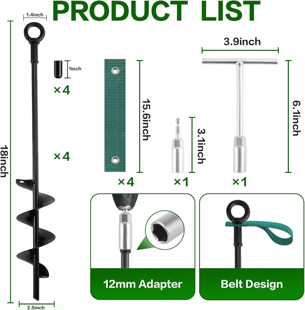 18-Inch Ground Anchors Screw in Heavy Duty, 4 Pack Shed Anchor Kit with Wrenches and Straps, High Wind Trampoline