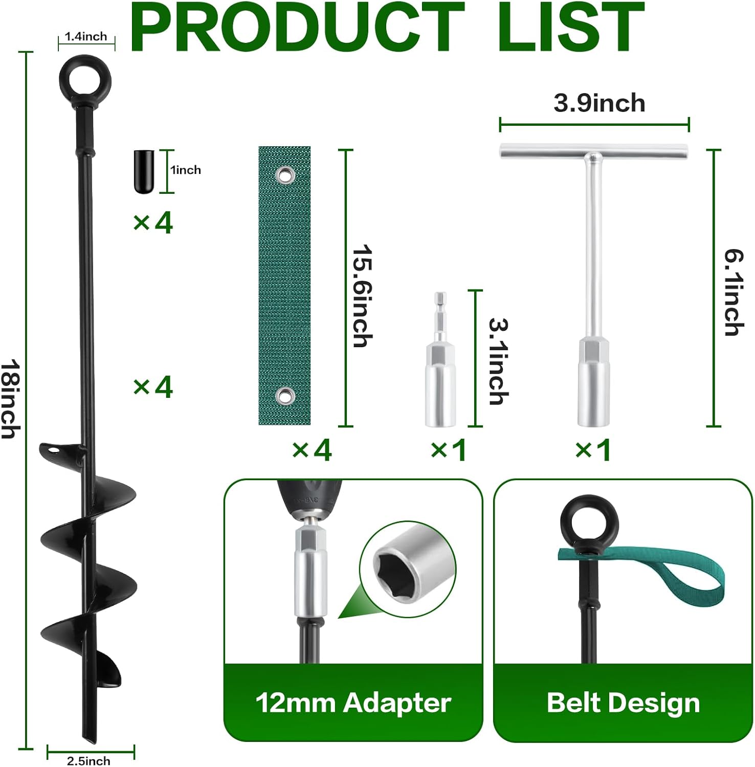 18-Inch Ground Anchors Screw in Heavy Duty, 4 Pack Shed Anchor Kit with Wrenches and Straps, High Wind Trampoline