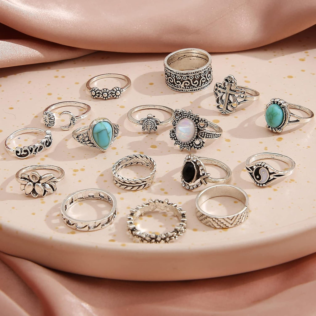 82 Pcs Vintage Silver Knuckle Rings Set for Women, Bohemian Stackable Joint Finger Rings, Retro Stone Crystal