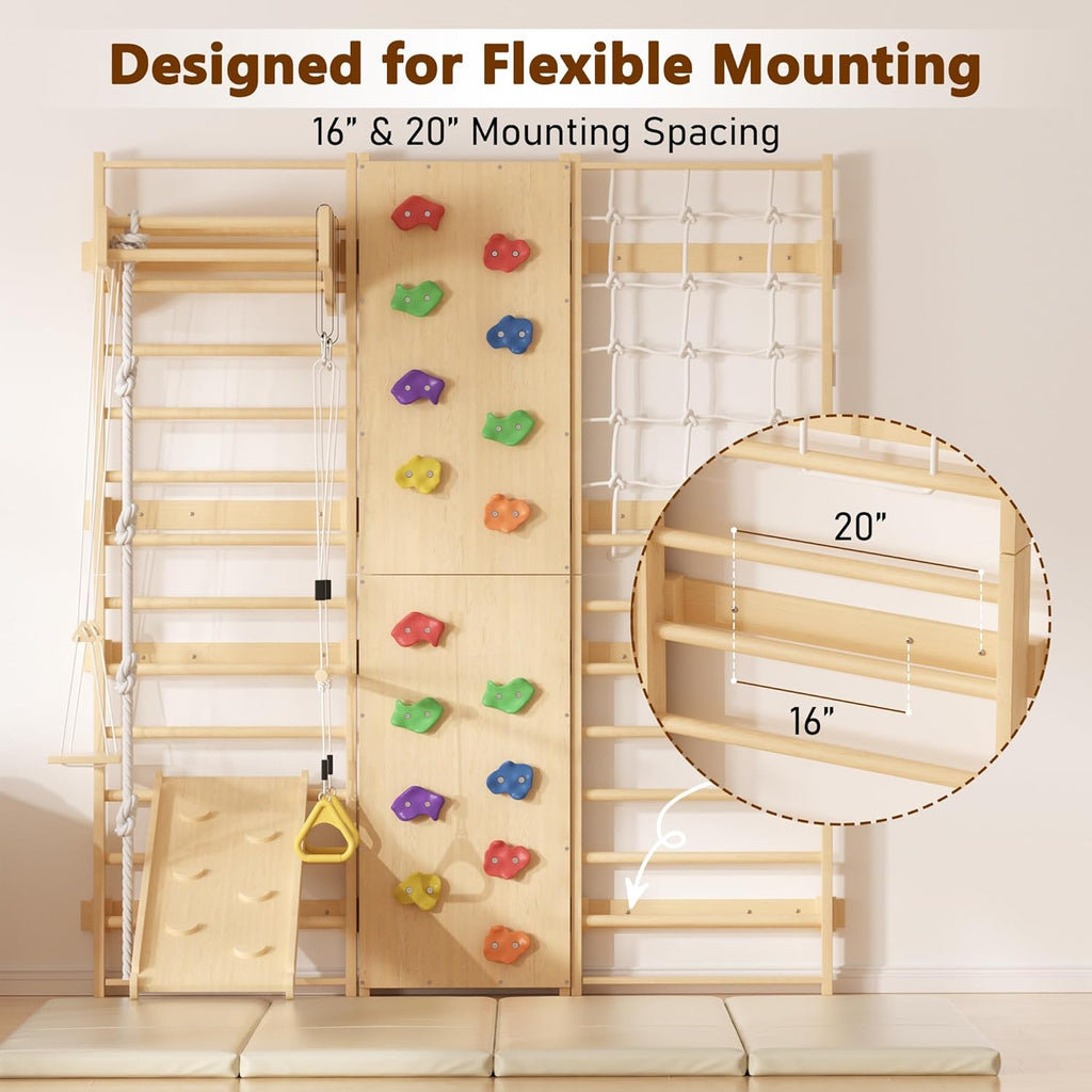 9-in-1 Swedish Ladder Wall Gym & Climber, 94.5'' Wooden Wall-Mounted Climbing Set with Double-Sided Slide, Swing