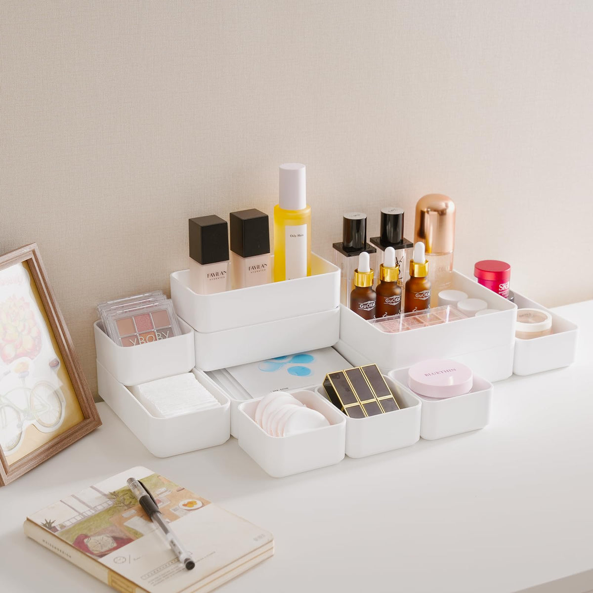 11-Piece Stackable Drawer Organizer Set, Multi-size Desk Drawer Organizer Trays Vanity Storage Bins for Storing
