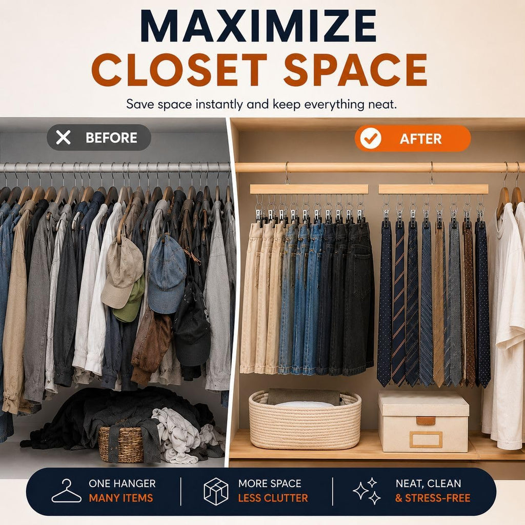 Closet Organizer Set - 2 Space Saving Hangers with Clips + 4 Drawer Dividers, Non-Slip Pants, Skirts & Caps Hanger