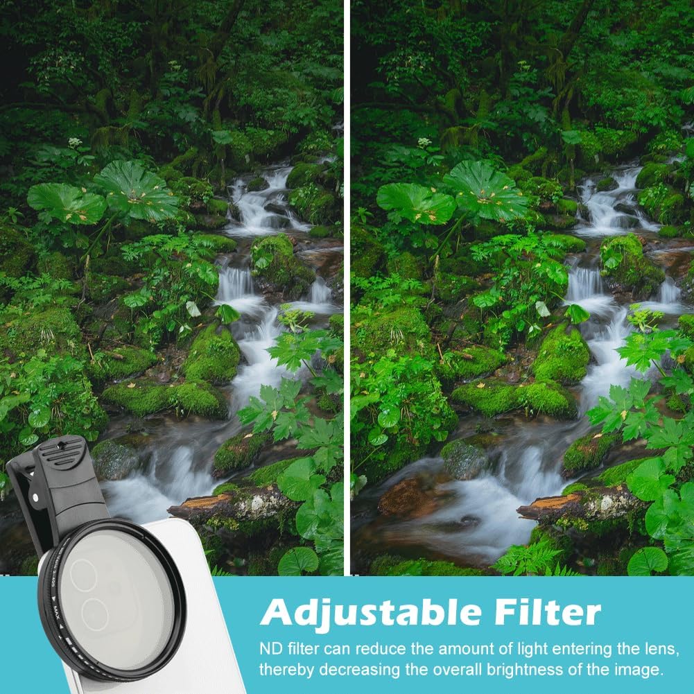 52MM Variable ND2-ND400 Filter, Clip-on Phone Lens ND Filter Kit Multi-Coated Adjustable Neutral Density Filter