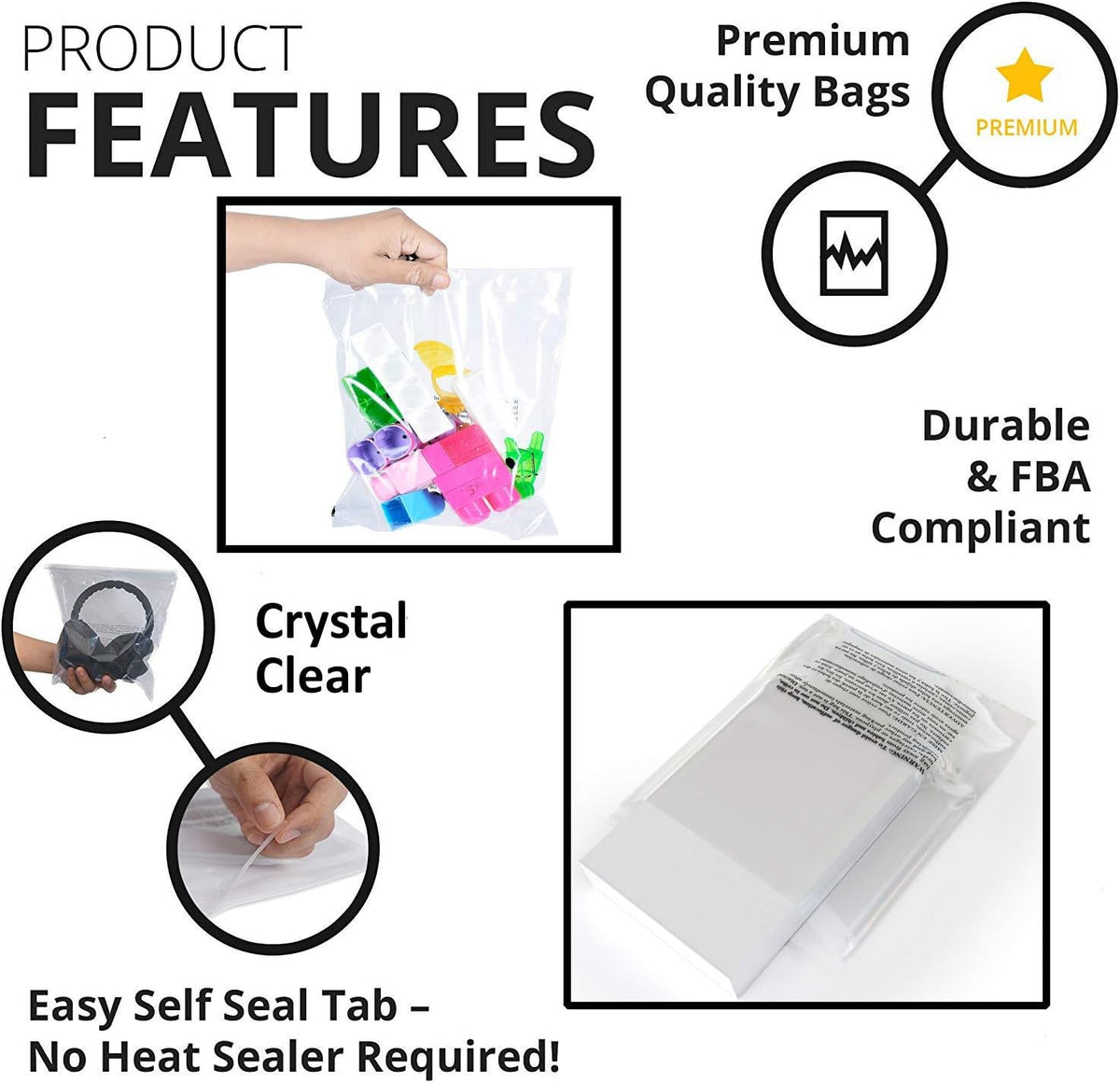 Small Poly Bags w Suffocation Warning 4x6" - Clear - 200 Pack - Resealable