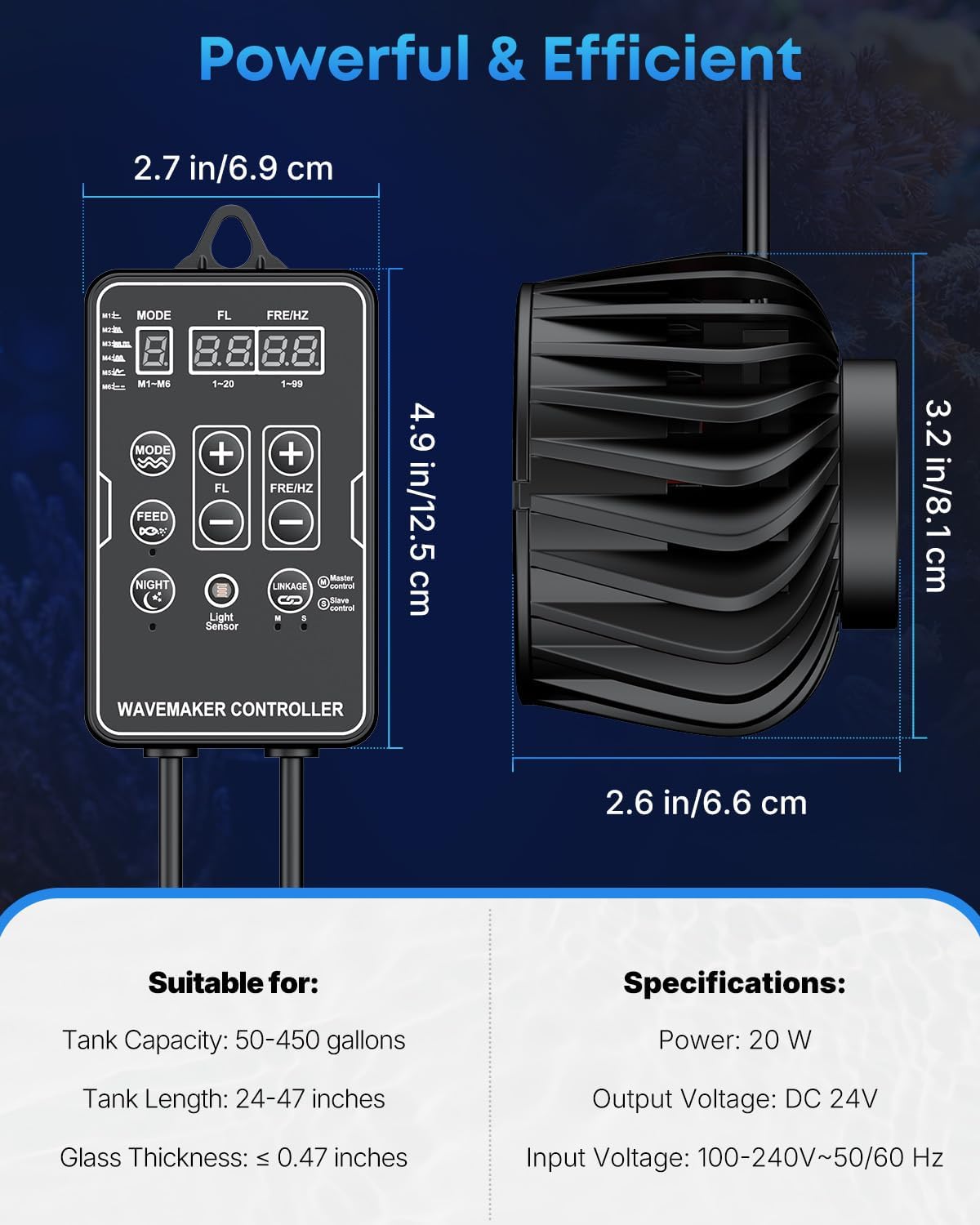 Aquarium Powerhead 3400 GPH, Wave Maker for Aquariums DC 24V 20W, Power head for Aquariums, Aquarium Circulation Pump