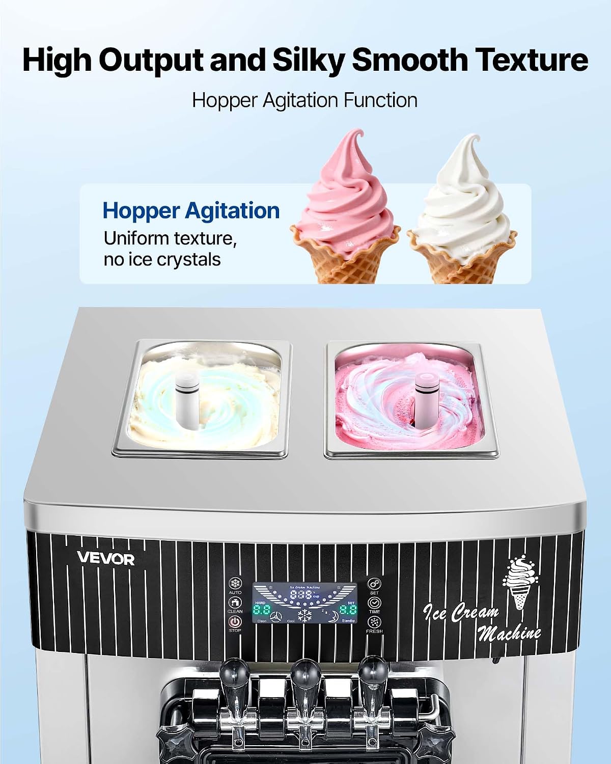 Commercial Ice Cream Machine, 20-28L/H Yield, 2200W 3-Flavor Freestanding Soft Serve Ice Cream Maker with 2 x 6L