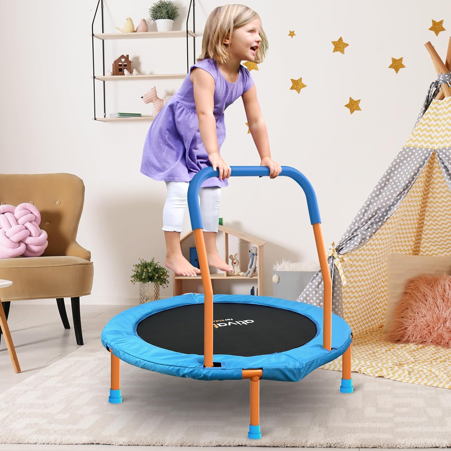 36-Inch Toddler Trampoline with Foam Handle, Foldable Indoor Outdoor Mini Rebounder for Kids Ages 2–6