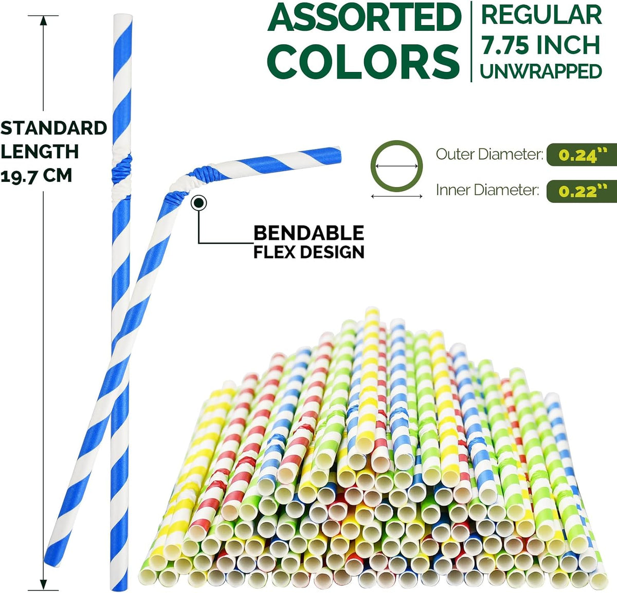Flexible Paper Drinking Straws, 250 Count, 7.75" Long, 0.24" diameter - 100% Biodegradable - Assorted Striped Colors