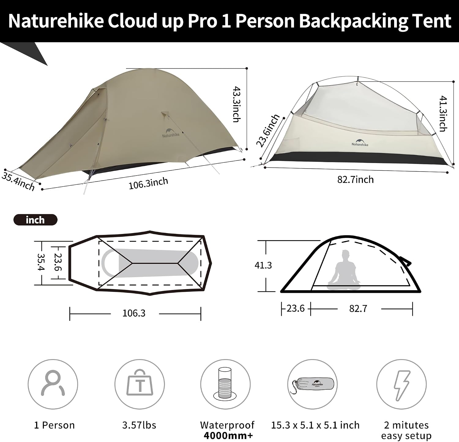 Cloud Up 1 Person Tent, Lightweight Backpacking Tents for One Man, Waterproof Ultralight One Person Tent for Camping