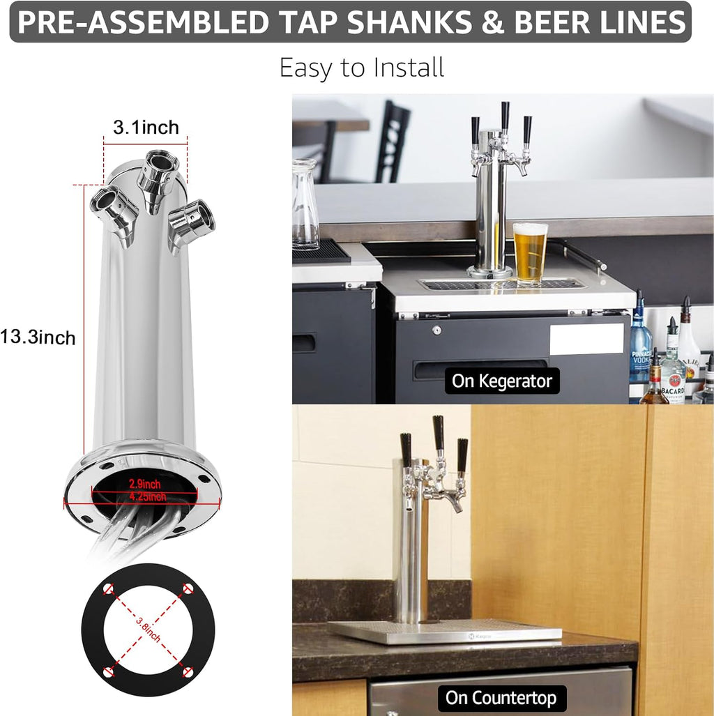 3 Tap Tower Kegerator Beer Tower, Keg Tower for Draft Beer System