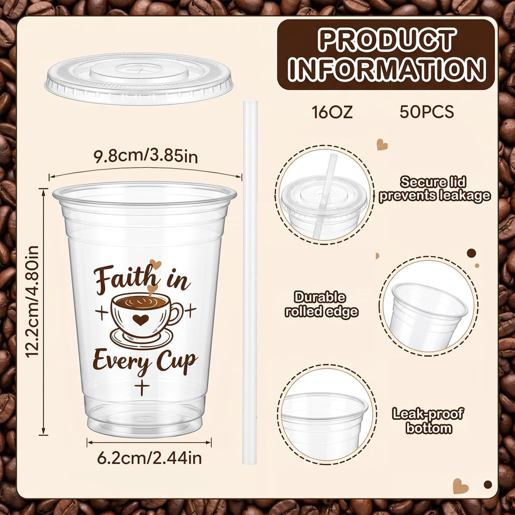 50 Count 16 oz compostable cold drink cups with lids and straws, plant-based PLA disposable tasting cups for juice