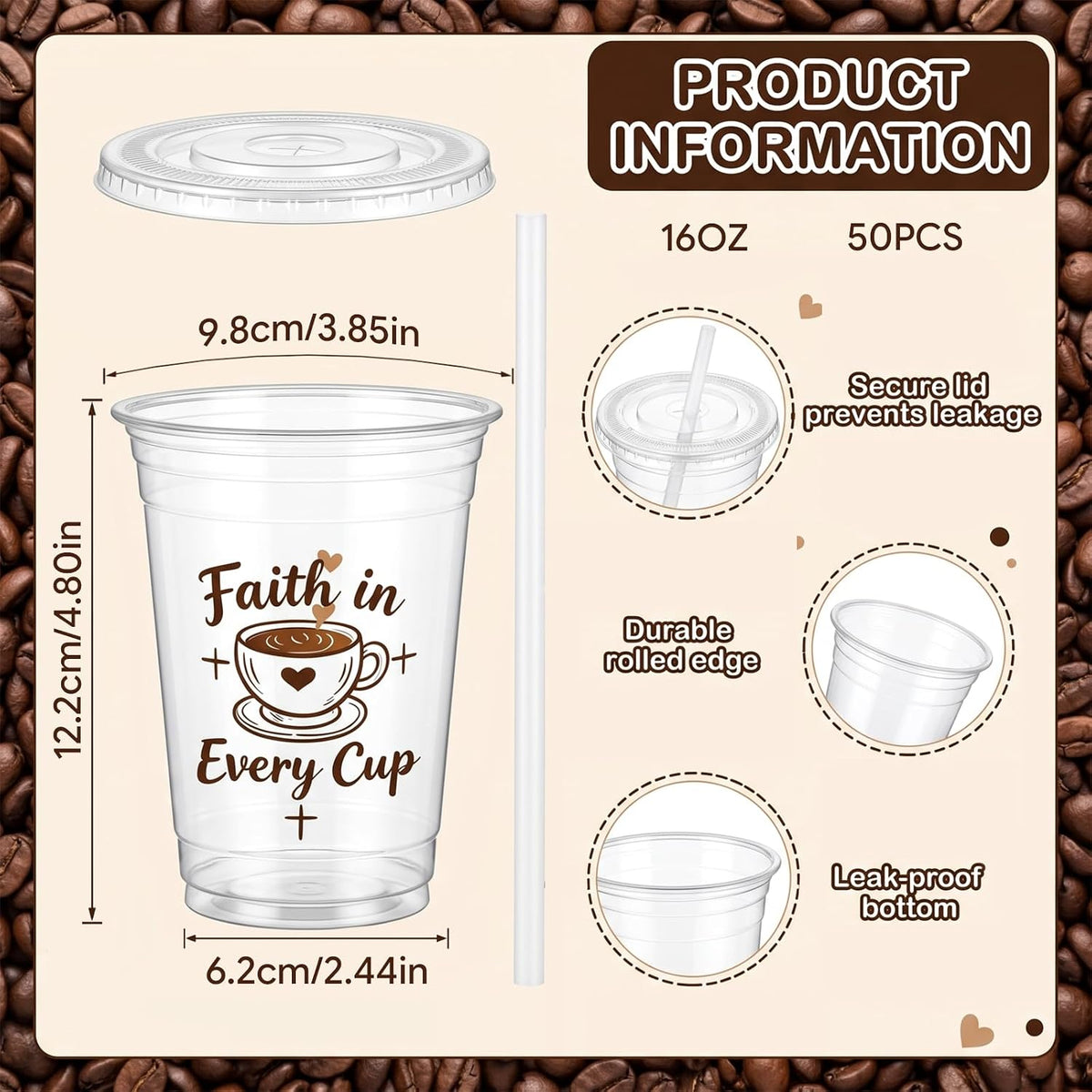50 Count 16 oz compostable cold drink cups with lids and straws, plant-based PLA disposable tasting cups for juice
