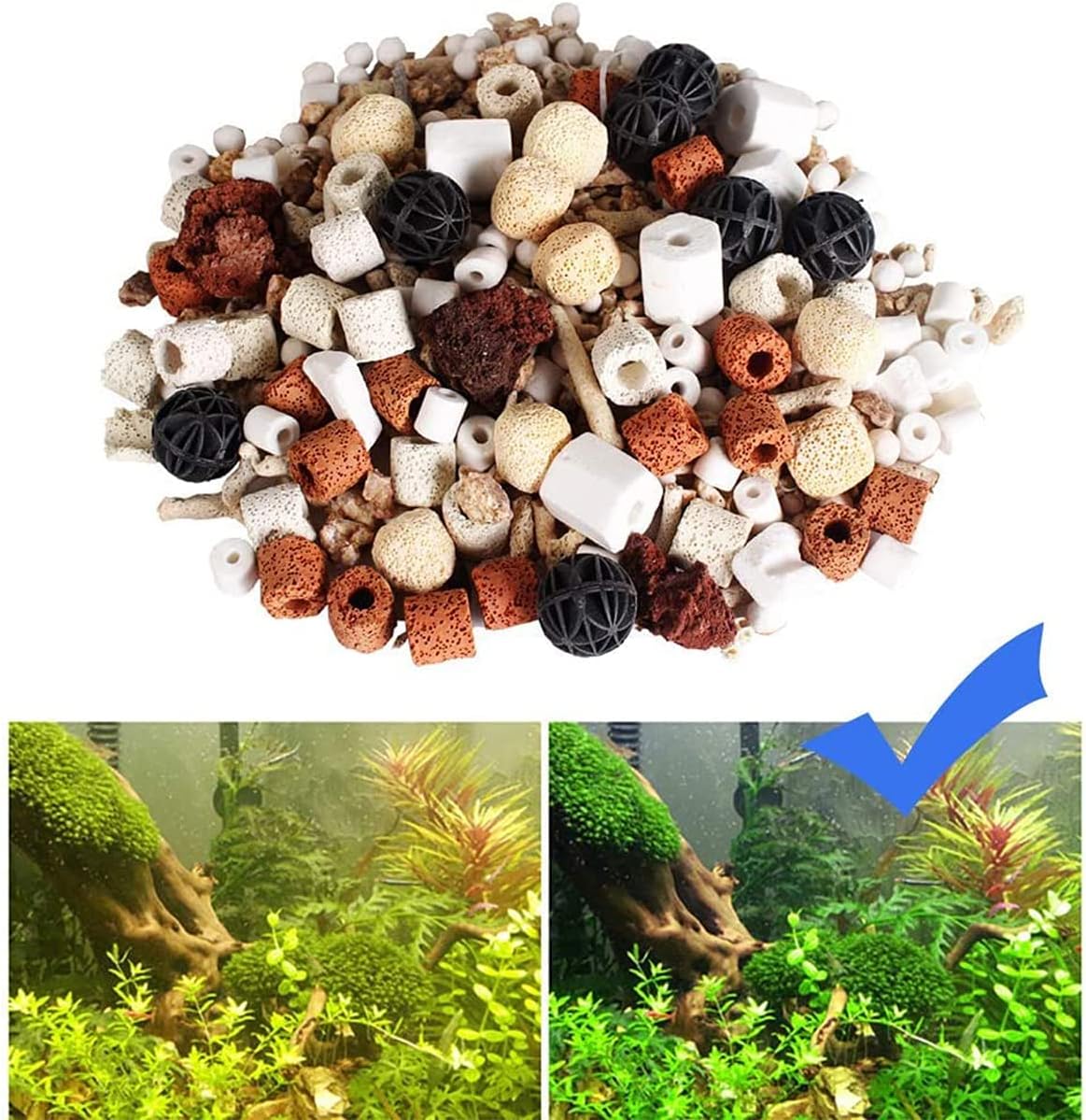 Bio Balls Ceramic Rings Set, Aquarium Biological Filter Media with Mesh Bag for Fish Tank and Pond, Fish Tank Filter